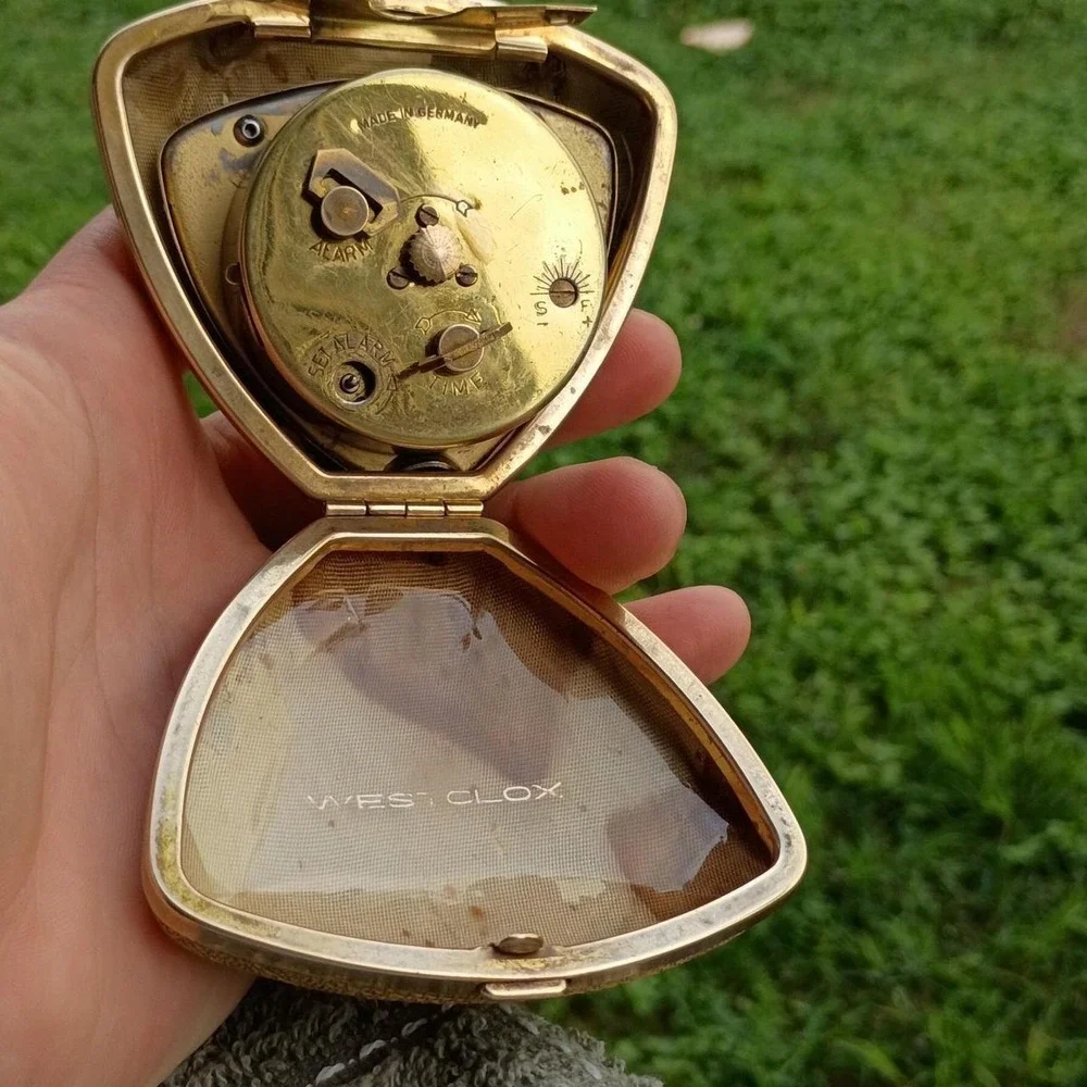 Vintage Westclox 7 Jewels Travel Alarm Clock Germany Gold Case Shield Working